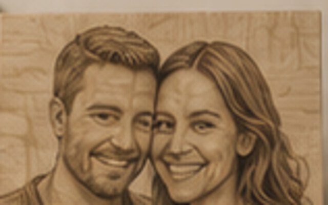 Couple portrait engraved on a square wood piece